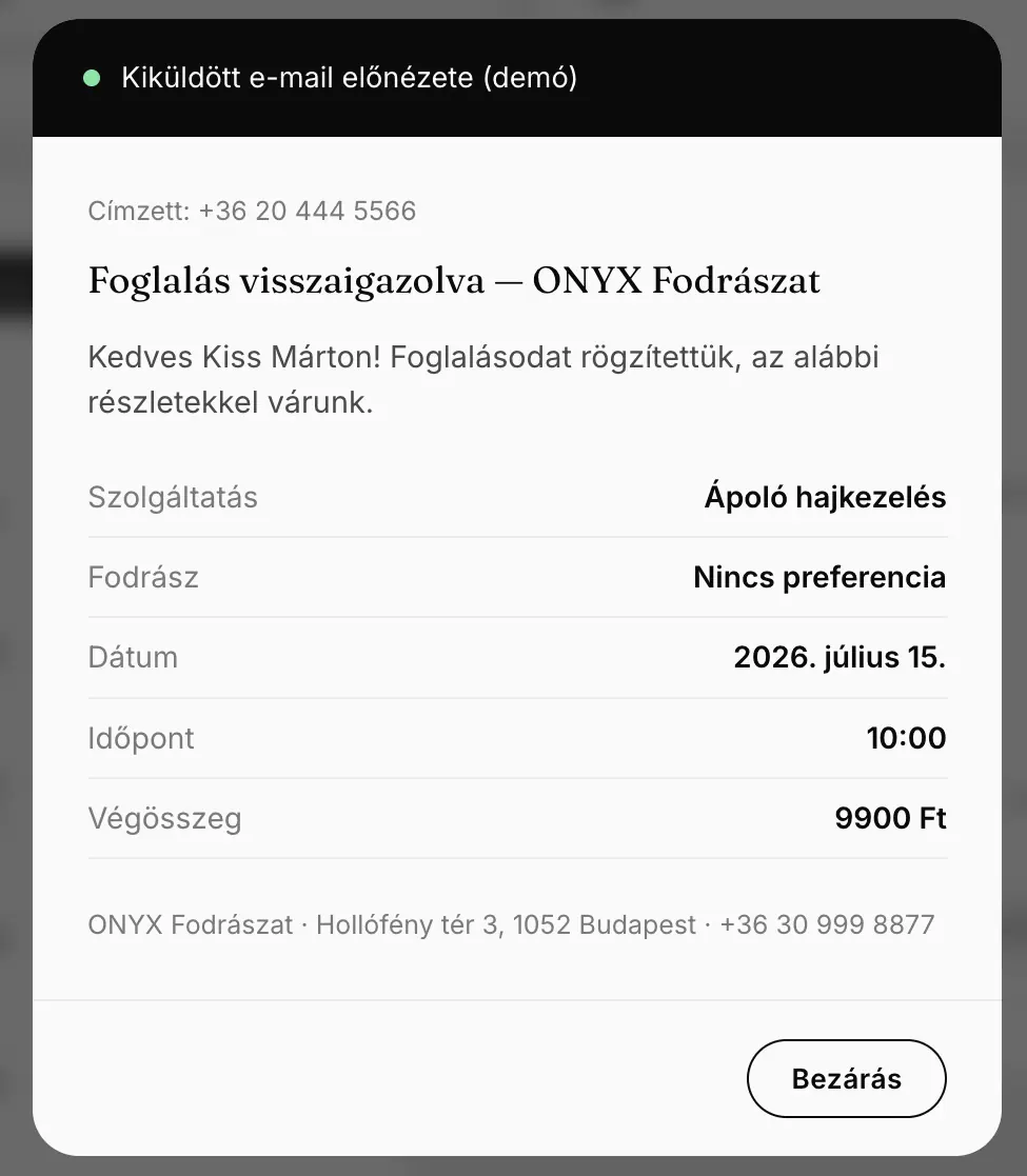 Foglalási e-mail előnézete az adminban