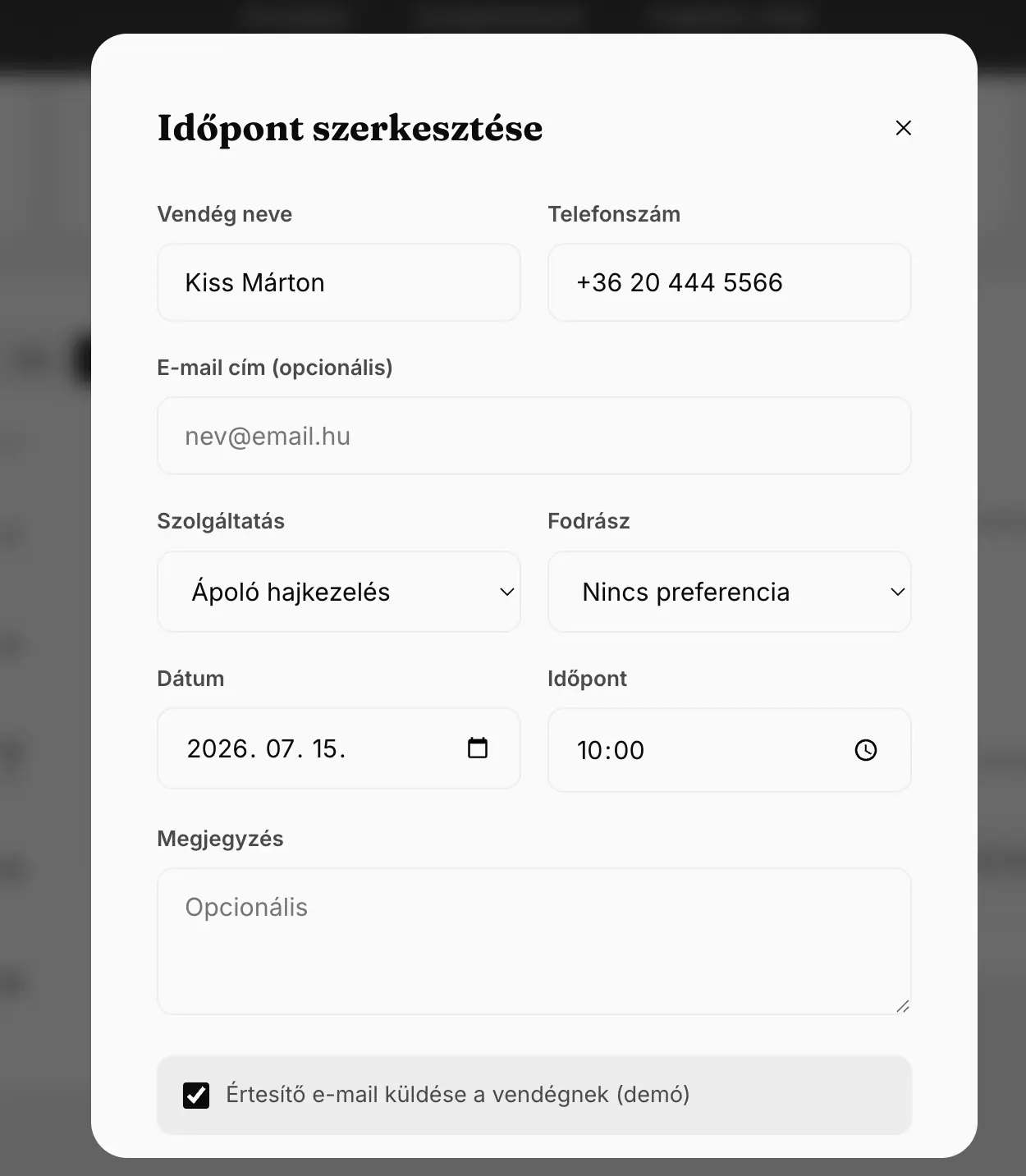 Időpont szerkesztése az adminban