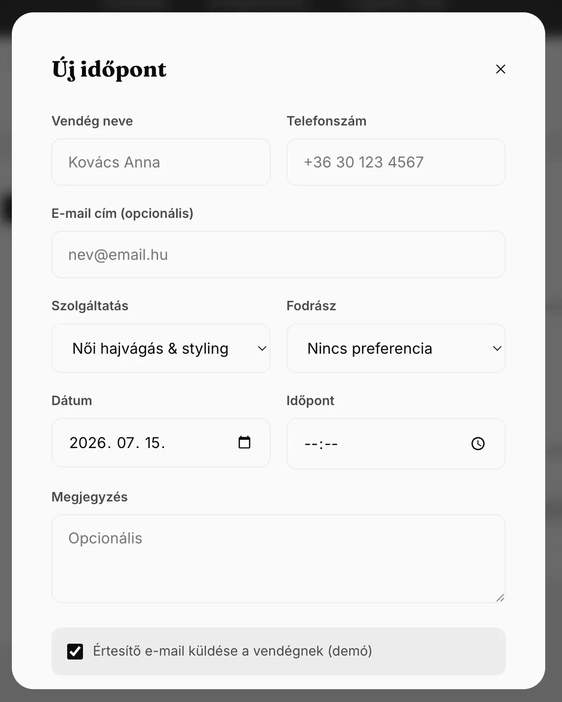 Új időpont rögzítése az adminban