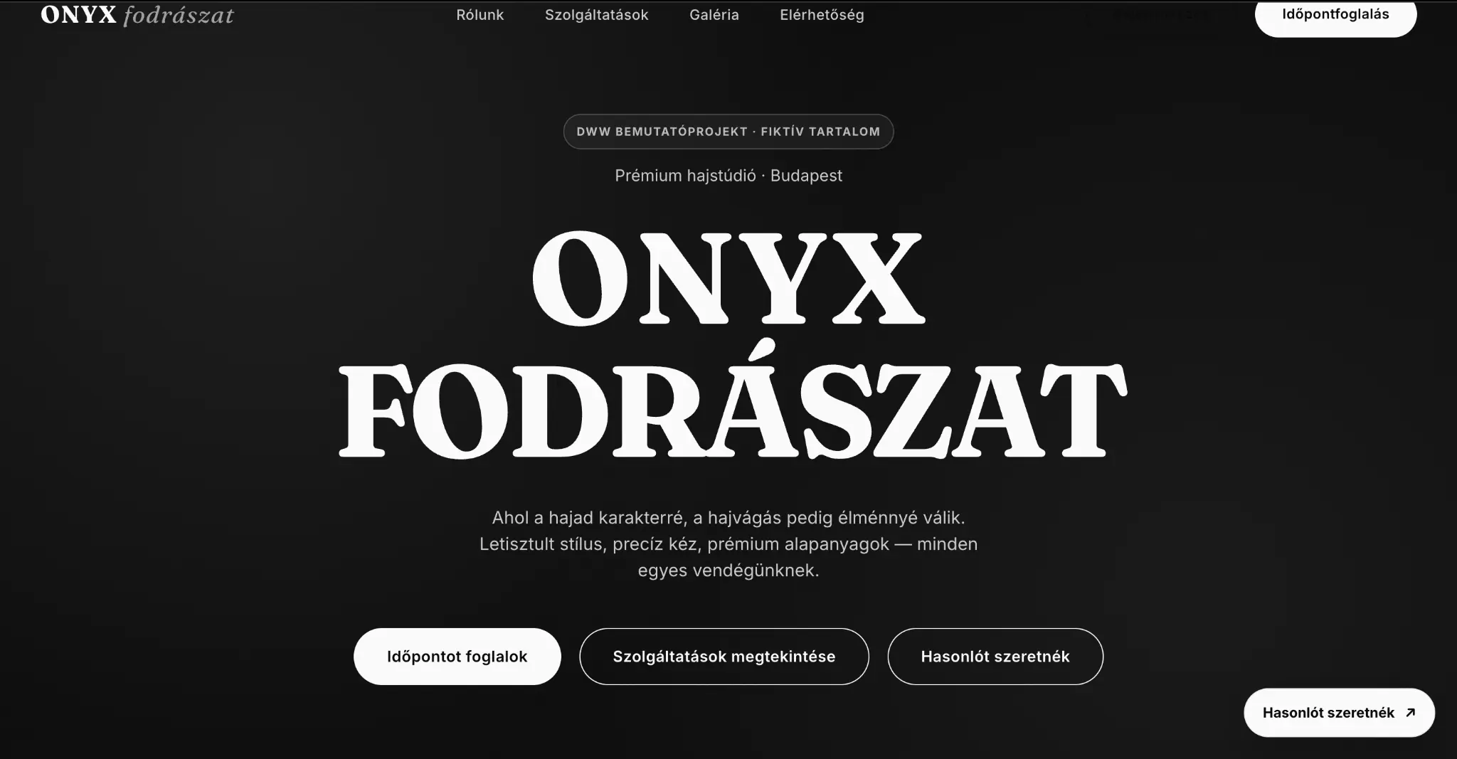 Az ONYX Fodrászat demó főoldala