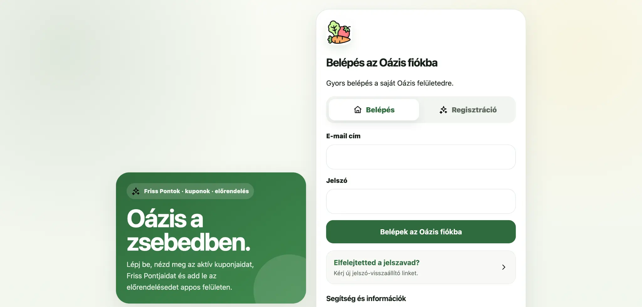 Az Oázis Fiókom belépési felülete
