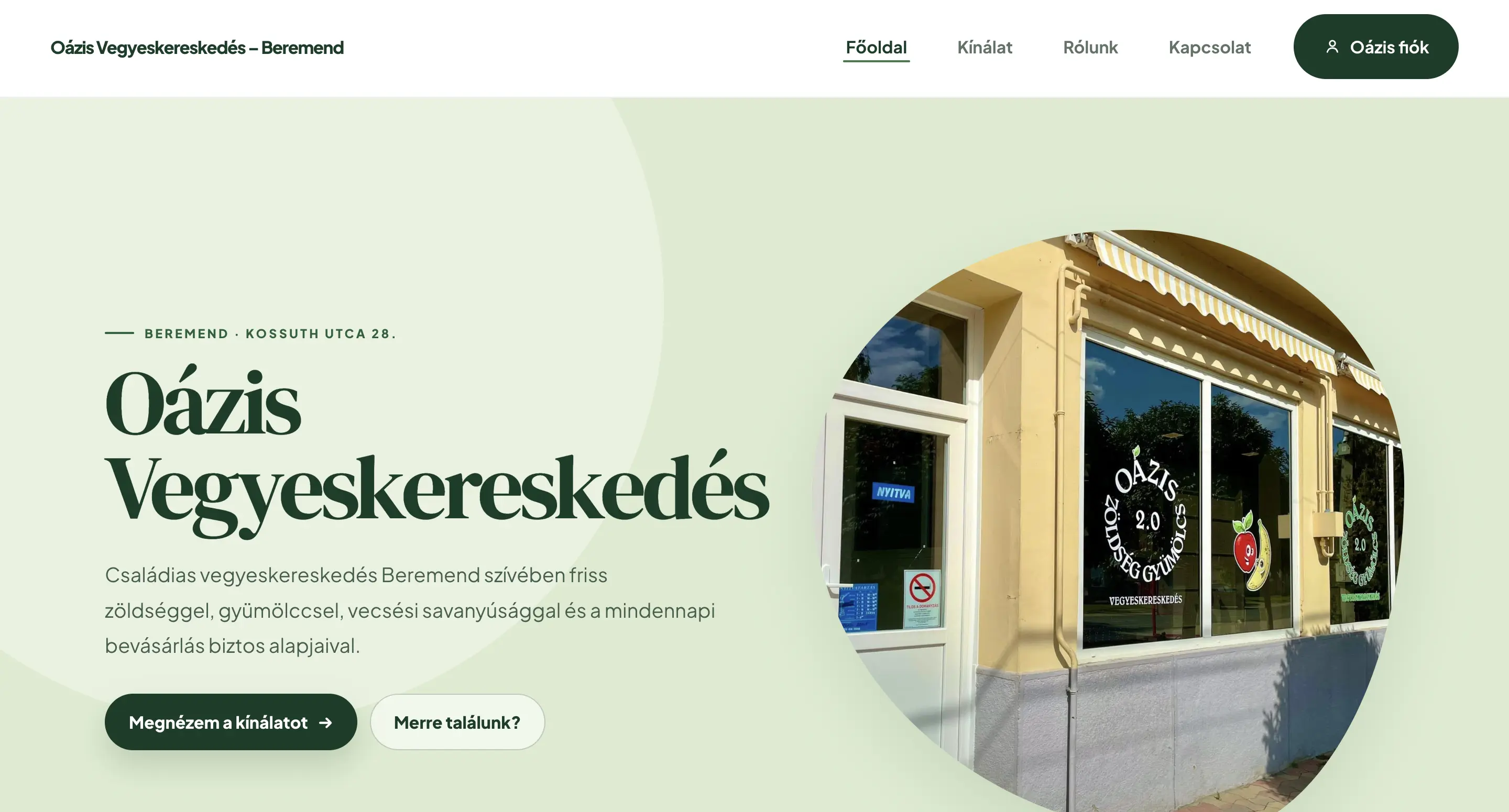 Az Oázis Vegyeskereskedés weboldalának kezdőlapja