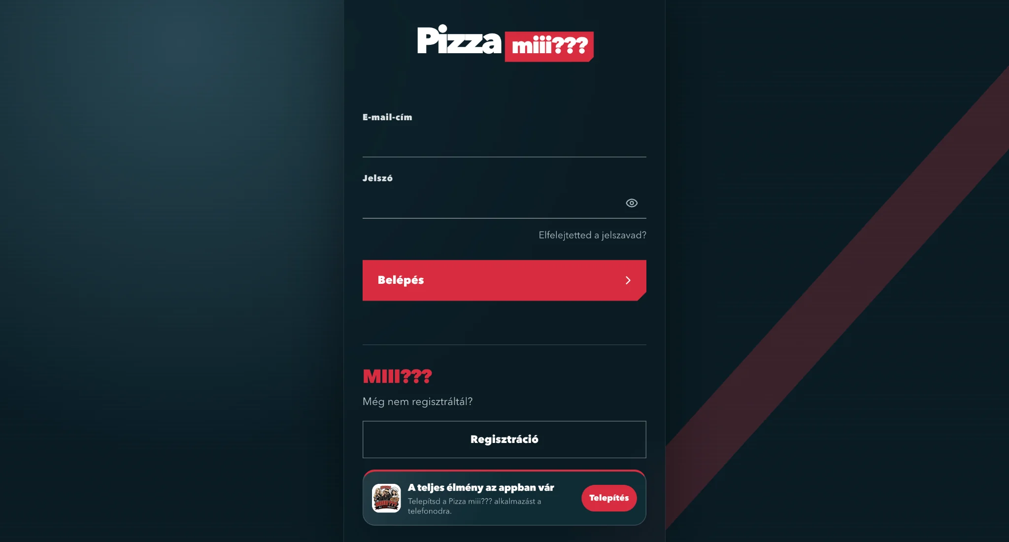 A Pizza Miiii pontgyűjtő rendszer belépési felülete
